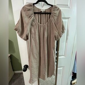 Bobeau Tan Blouse with Gathered Neckline